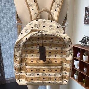 NWT Brand New MCM Tan and White Backpack with Signature Monogram Gold Hardware